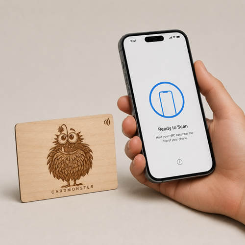 Smartphone liest eine Holzkarte mit NFC-Chip per Tap
