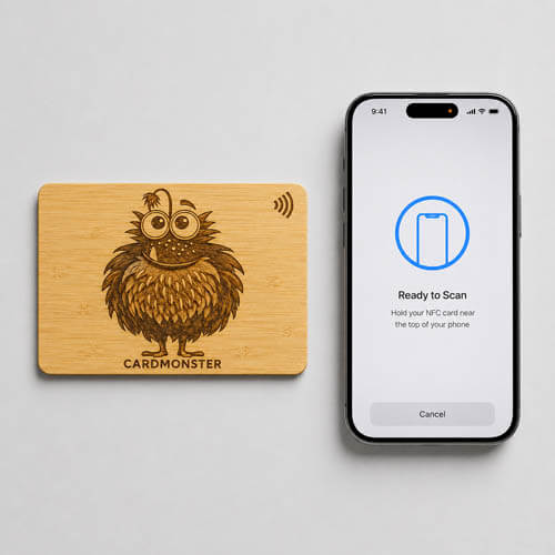 Smartphone liest eine Holzkarte mit NFC-Chip per Tap