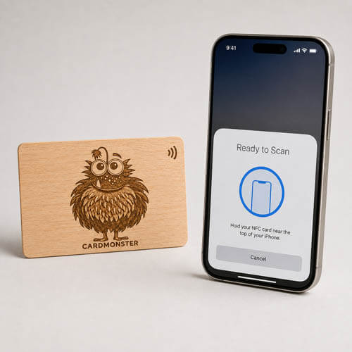 Smartphone liest eine Holzkarte mit NFC-Chip per Tap