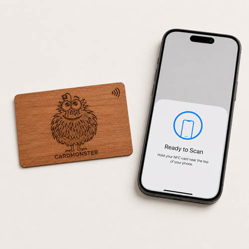 Smartphone liest eine Holzkarte mit NFC-Chip per Tap