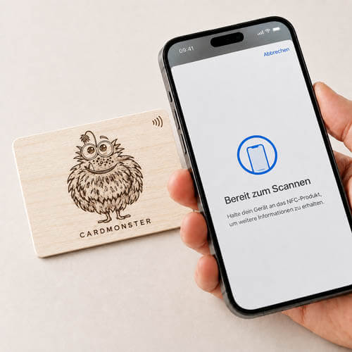Smartphone liest eine Holzkarte mit NFC-Chip per Tap