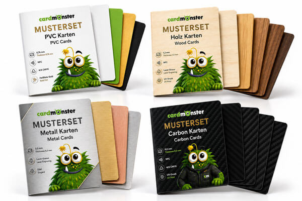 Karten-Musterset mit Holz-, PVC-, Carbon- und Metallkarten