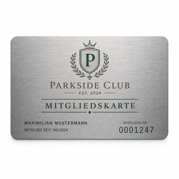 Metall Mitgliedskarte · Silber · Druck & Lasergravur